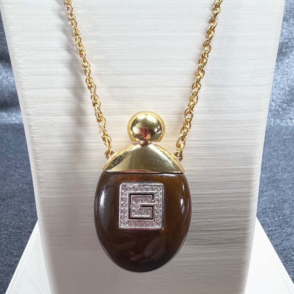 Givenchy Necklace Gold Tone Brown Rhinestone Vintage Pendant 26 in